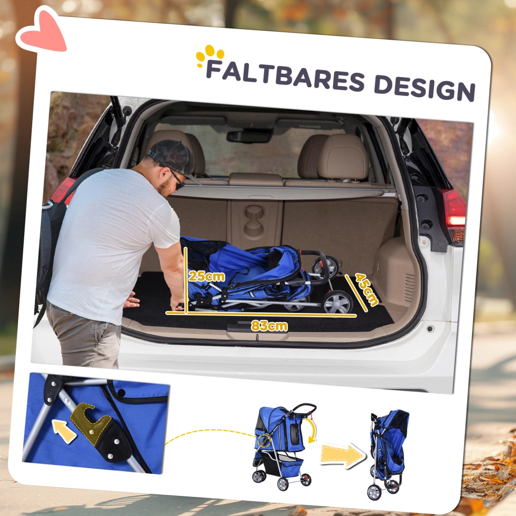 Carrello pieghevole per cani e gatti fino a 10 kg con cuscino, rete e tasche ¨C zephmum ¨C Blu