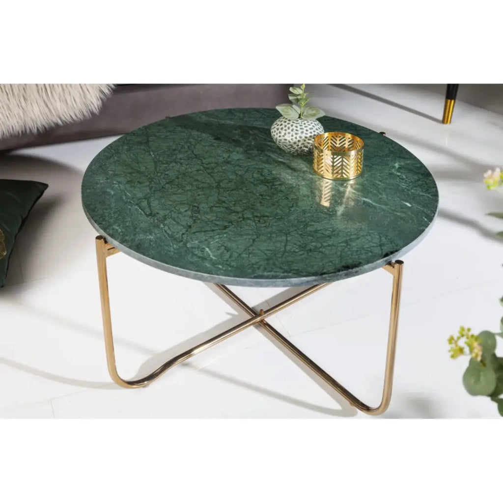 Tavolino basso rotondo VINTORA in marmo verde e metallo dorato – tavolo dal design moderno chic
