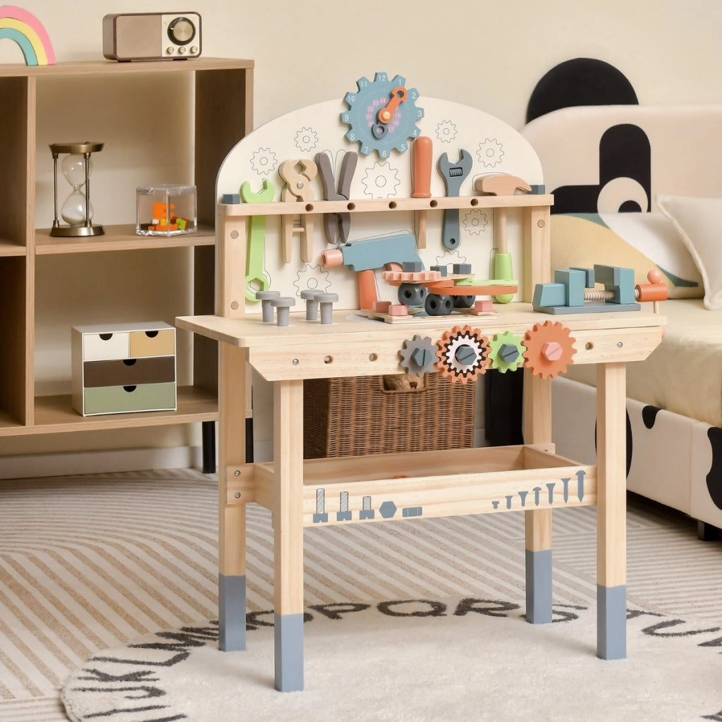 Banco da lavoro per bambini con attrezzi e accessori realistici e ripiano, Banchetto da lavoro in legno Colorato-Giocattoli educativi