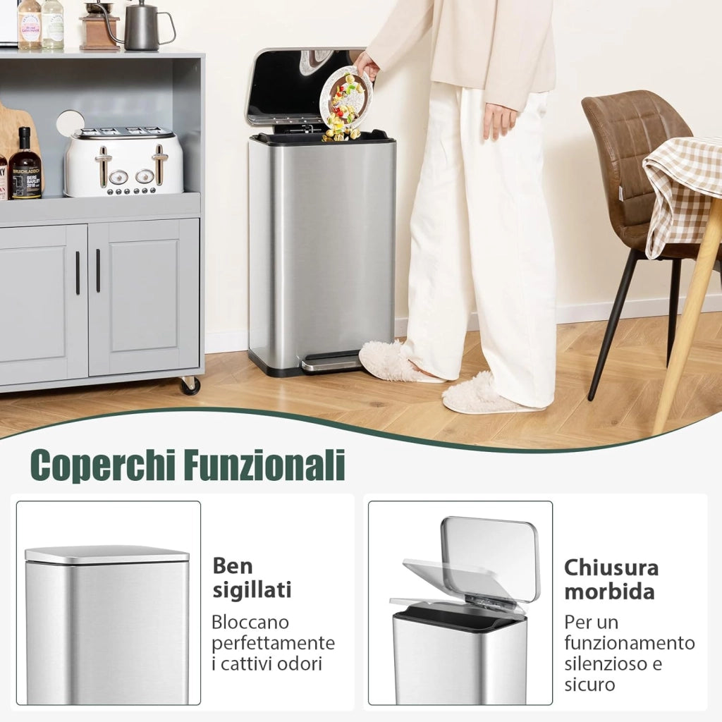 Set di 2 Cestini per Spazzatura 40/6L, Cestino per Rifiuti in Acciaio Inox con Secchi Interni Rimovibili, Coperchi Aperti e Chiusura Morbida, Bidoni per Cucina Bagno e Ufficio