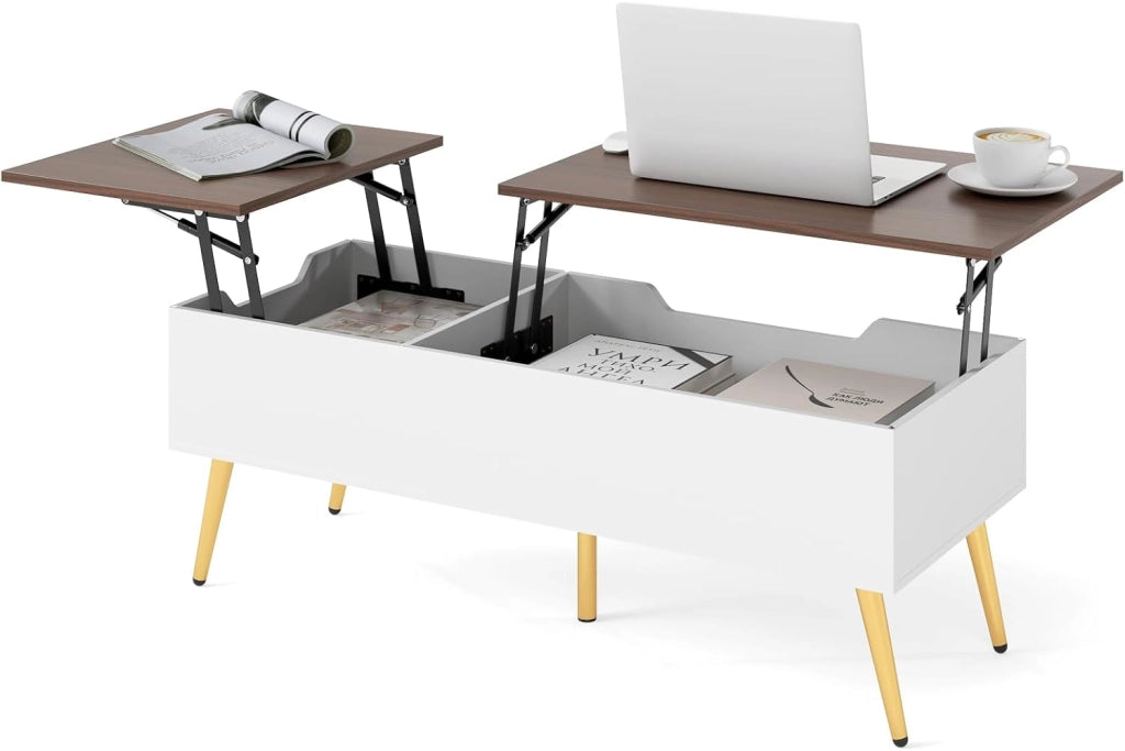 Tavolino da Caffè con Piano Sollevabile, Tavolino Moderno con 2 Scomparti Nascosti e Gambe in Metallo, Tavolo per Soggiorno, Studio e Ufficio, 111 x 48 x 40-53,5 cm (Marrone)