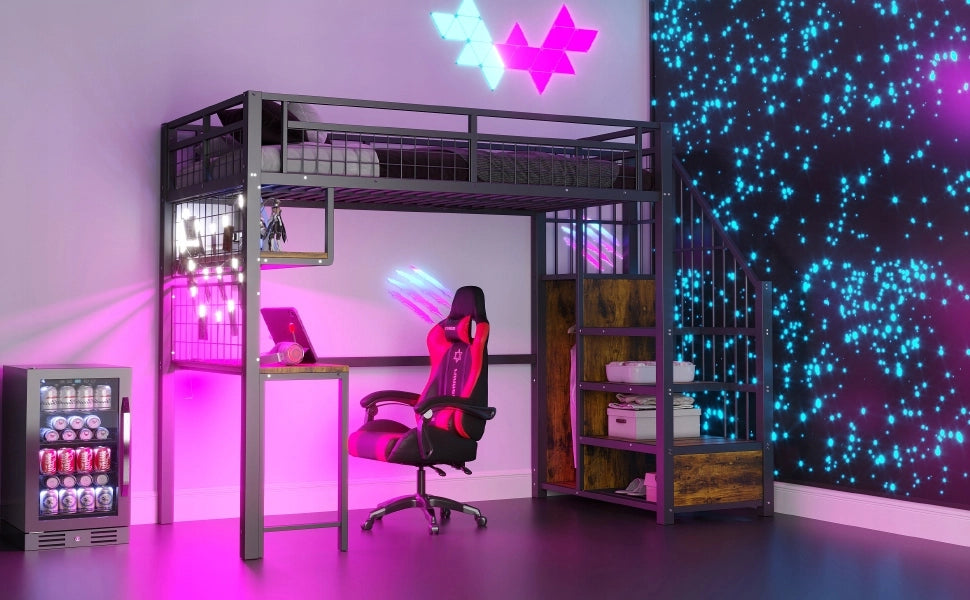 Letto a castello 90x200 nero - Xylo - Illuminazione e vano di stoccaggio