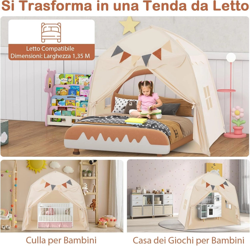 Tenda per Bambini con Luci Fatate e Bandierine, Tenda Casetta da Gioco con 2 Finestre, Tenda Gioco Castello Portatile per Interni ed Esterni, 157 x 98 x 148 cm (Beige)