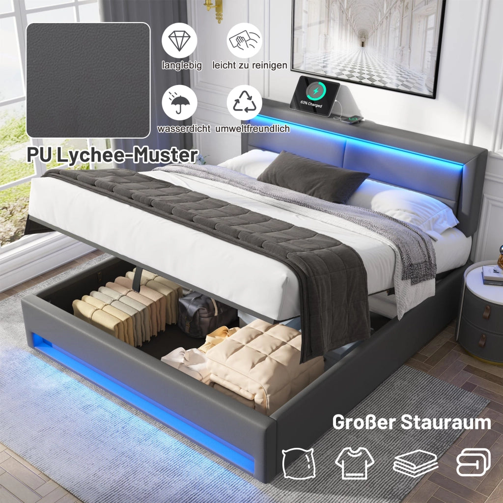 Letto in PU grigio 160x200 con motivo litchi USB wireless/cablato LED vano