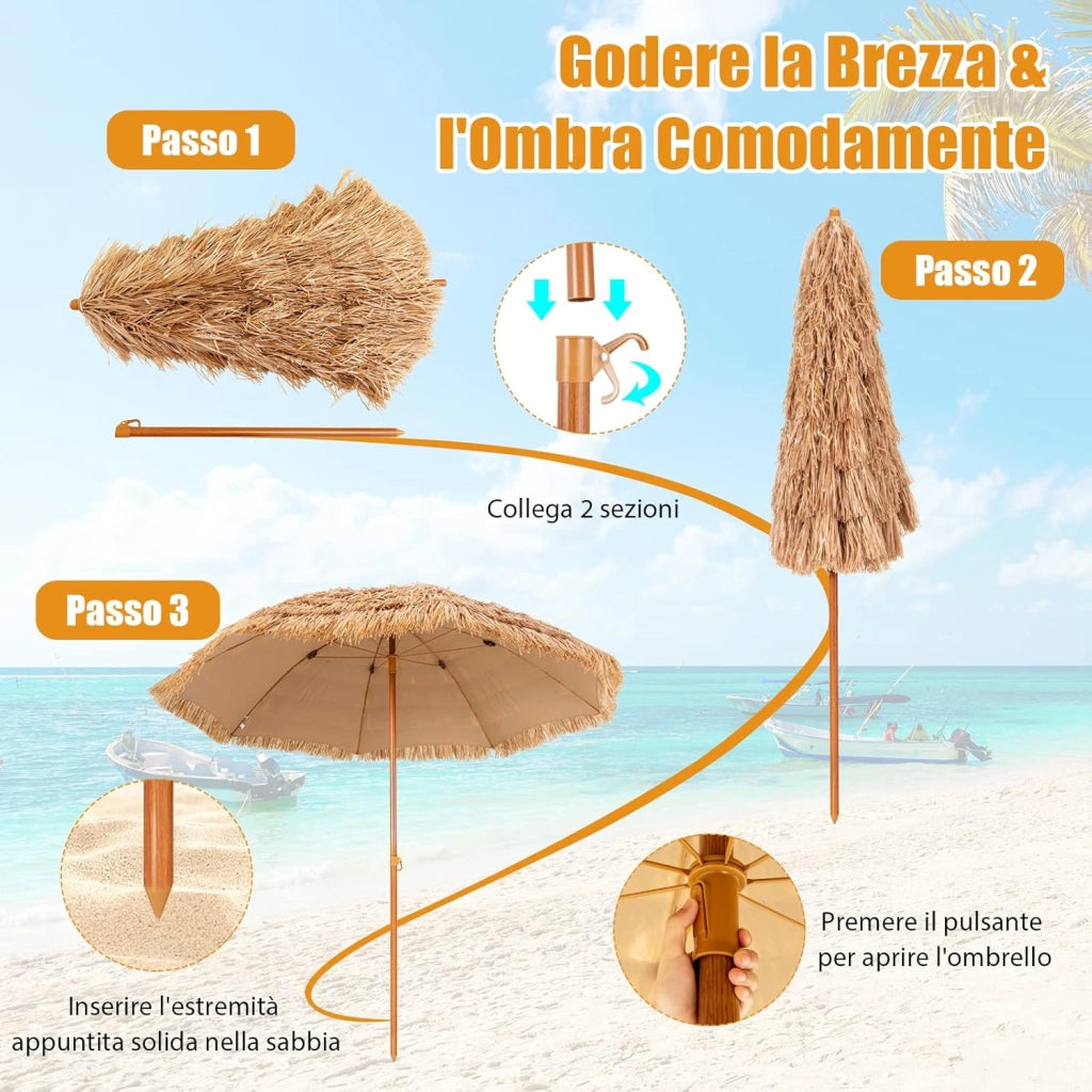 Ombrellone da Spiaggia 205 cm, Ombrellone di Paglia con 8 Stecche, Parasole Hawaiano in Paglia PP a 7 Livelli, per Spiaggia Giardino Piscina