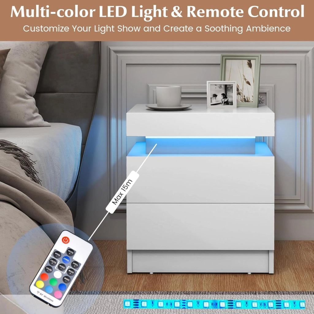 Comodino a LED, comodino in finto marmo con 2 cassetti, illuminazione a LED a 20 colori, telecomando, tavolino per soggiorno, camera da letto, 45 x 35 x 52 cm (bianco)