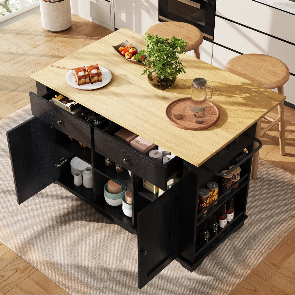 Carrello da Cucina con 2 Cassetti e 6 Vani; Piano Pieghevole e Prese; MDF Metallo; Nero Naturale; 151;5 x 59;7 x 91;7 cm
