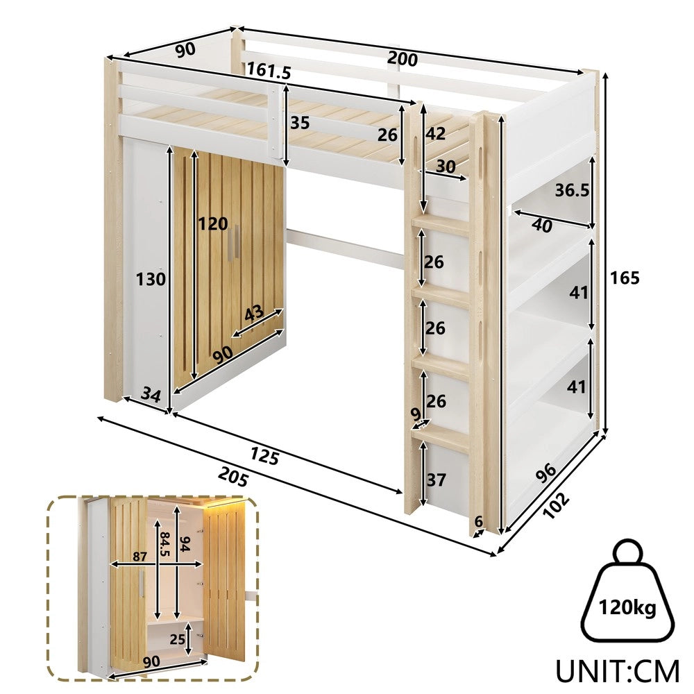 Letto a Soppalco con LED, Armadio e Scaffale ¨C MINIMAL ¨C 90x200 Bianco e Naturale