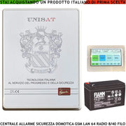 Impianto Allarme Filo Esistente Sostituzione Centrale Unisat 8 Zone Optional 40 Gestita da RFID Radiocomando da APP 8 Aree 50 Utenti Funzioni Programmabili Domotica GSM/GPRS LAN Batteria 12 V 7 Ah