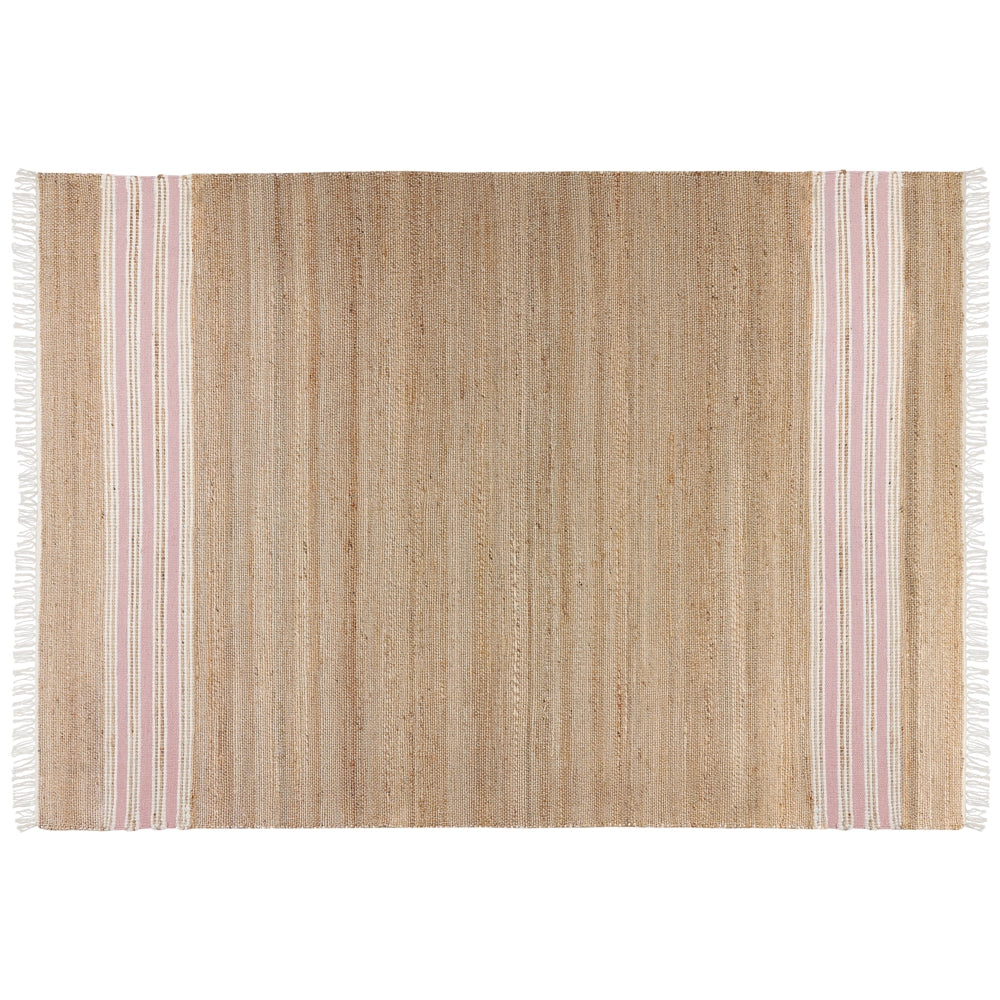 Tappeto in iuta con motivo a righe e nappe beige e rosa pastello 160 x 230 cm soggiorno camera da letto ingresso