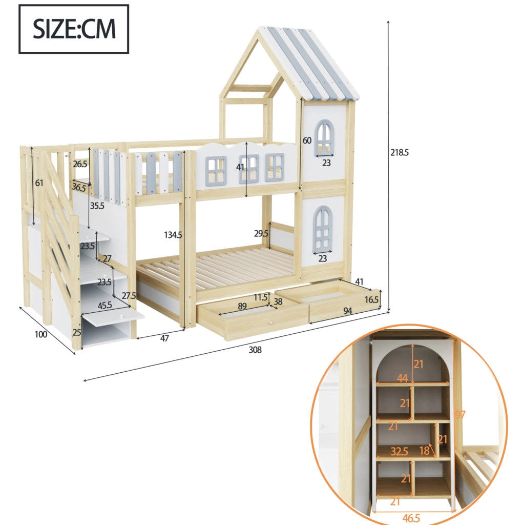 Letto a castello per bambini a casetta 90x200 cm con scala contenitore; bianco grigio legno naturale