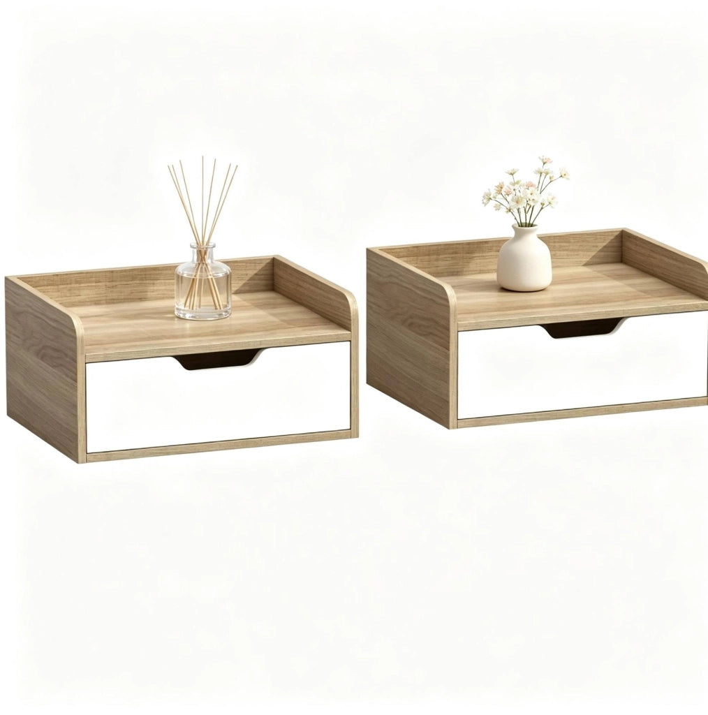 Set di 2 comodini sospesi con cassetto, legno naturale e bianco