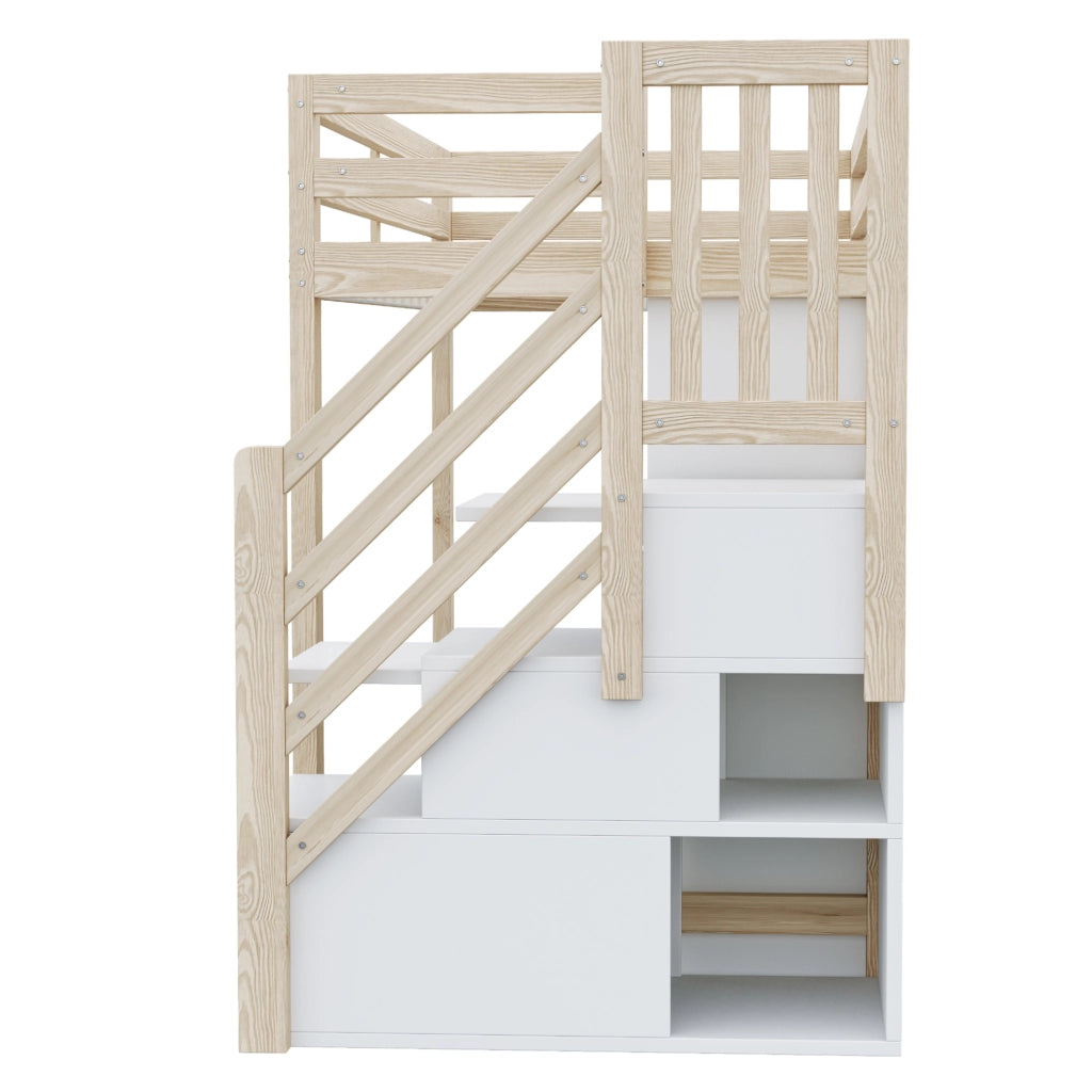Letto a soppalco 90 x 200 cm con scaffali; armadio; scala contenitore e LED; legno naturale e bianco