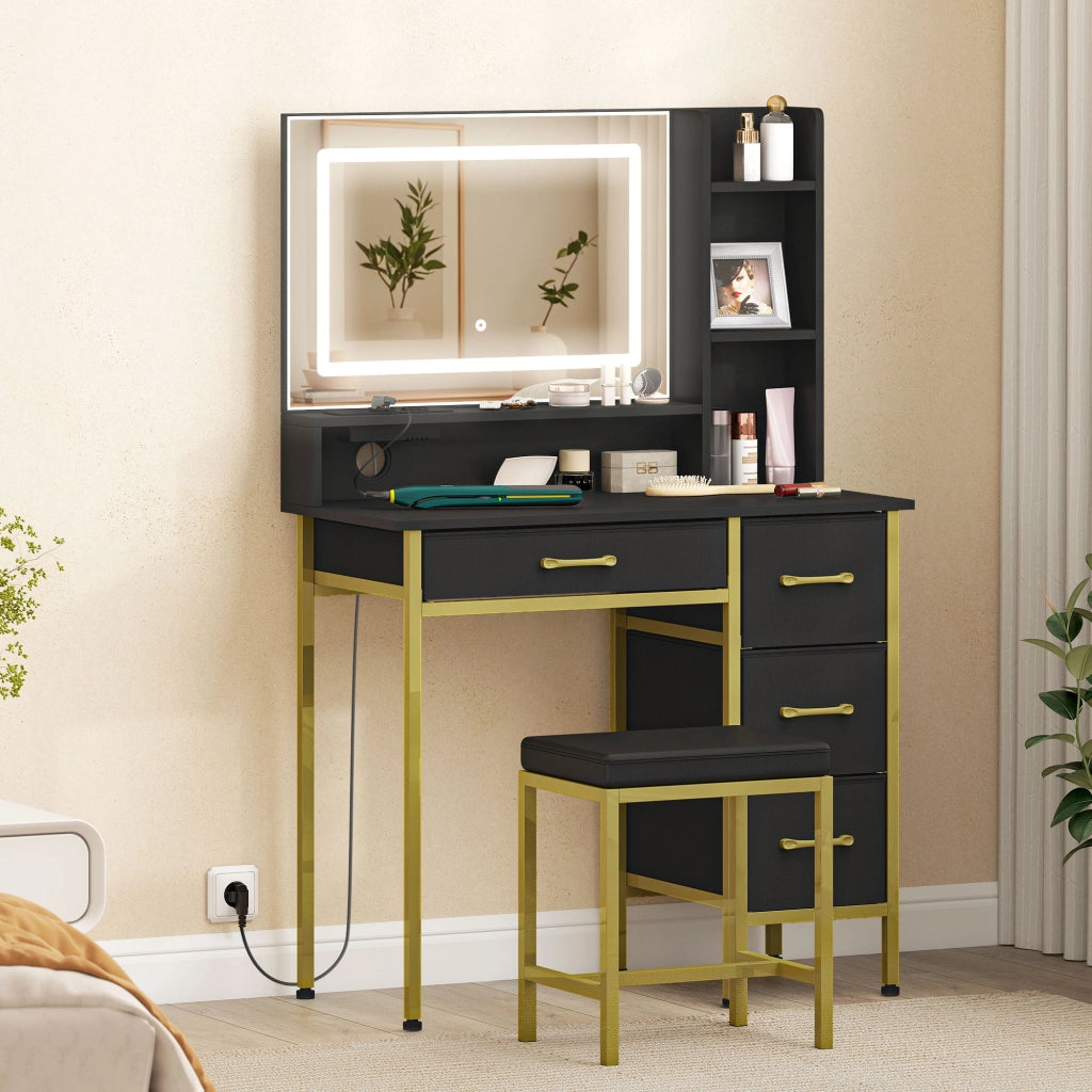 Toletta con Specchio LED e Sgabello ¨C Xylo ¨C 4 Cassetti Nero con Stazione di Ricarica