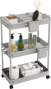 Carrello cucina con 3 livelli, mensola cucina, mensola per oggetti, mensola per bagno, cassettiera per cucina e bagno, con 4 ganci + 2 contenitori + divisori per cestelli