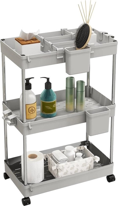 Carrello cucina con 3 livelli, mensola cucina, mensola per oggetti, mensola per bagno, cassettiera per cucina e bagno, con 4 ganci + 2 contenitori + divisori per cestelli