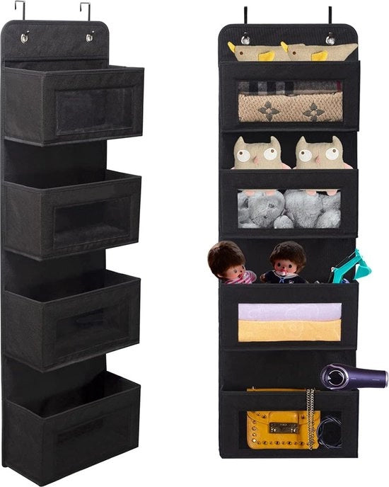 Organizzatore di stoccaggio per la porta, 4 tasche di stoffa morbida con vetrino per pantry, camera da bambini, bagno, Nero