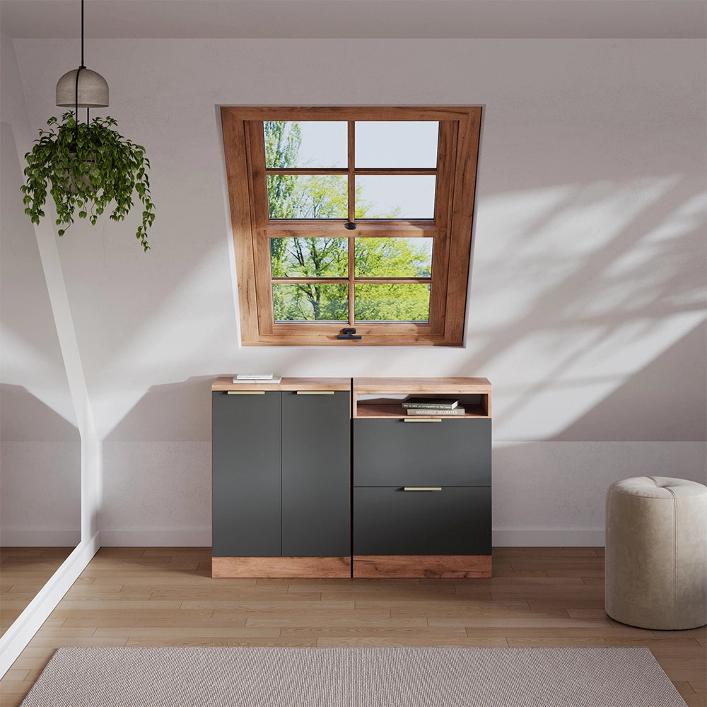 Set di mobili sottotetto Rion Antracite-oro/Rovere dorato 120 cm Set di 2 carcasse armadio profondità 60 cm Vicco