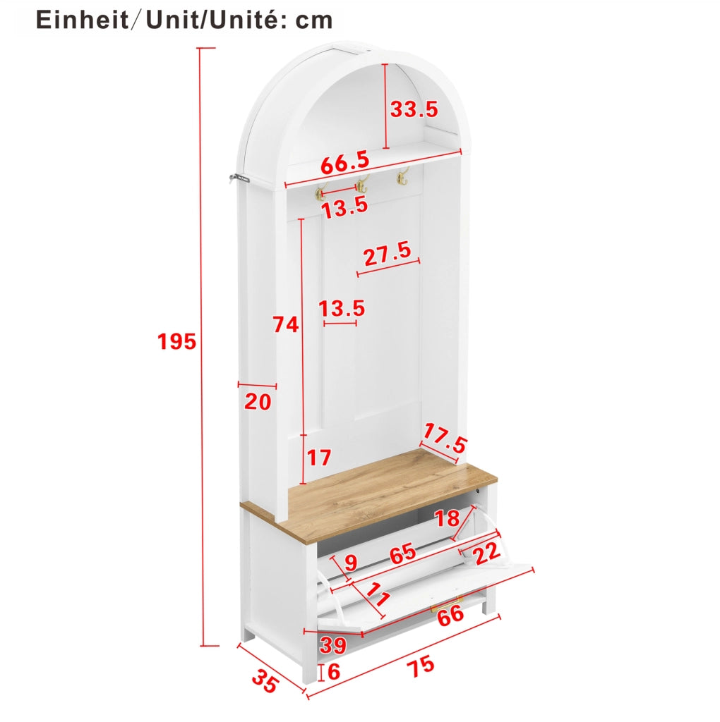 Appendiabiti da ingresso multifunzione con scarpiera; ripiano e ganci; 195 x 75 x 35 cm; MDF bianco e legno