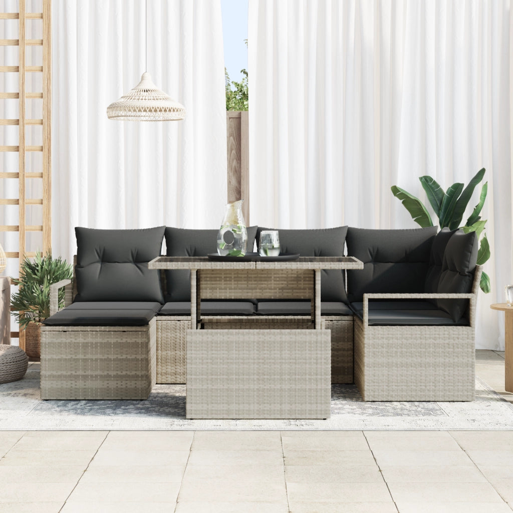 Set Divano da Giardino 7 Pezzi con Cuscini Grigio Chiaro Polyrattan
