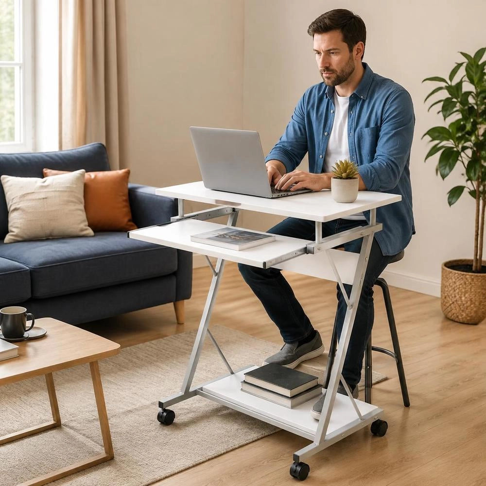 Computer Table Computer Cart PC Table Office Table Laptop On Wheels White