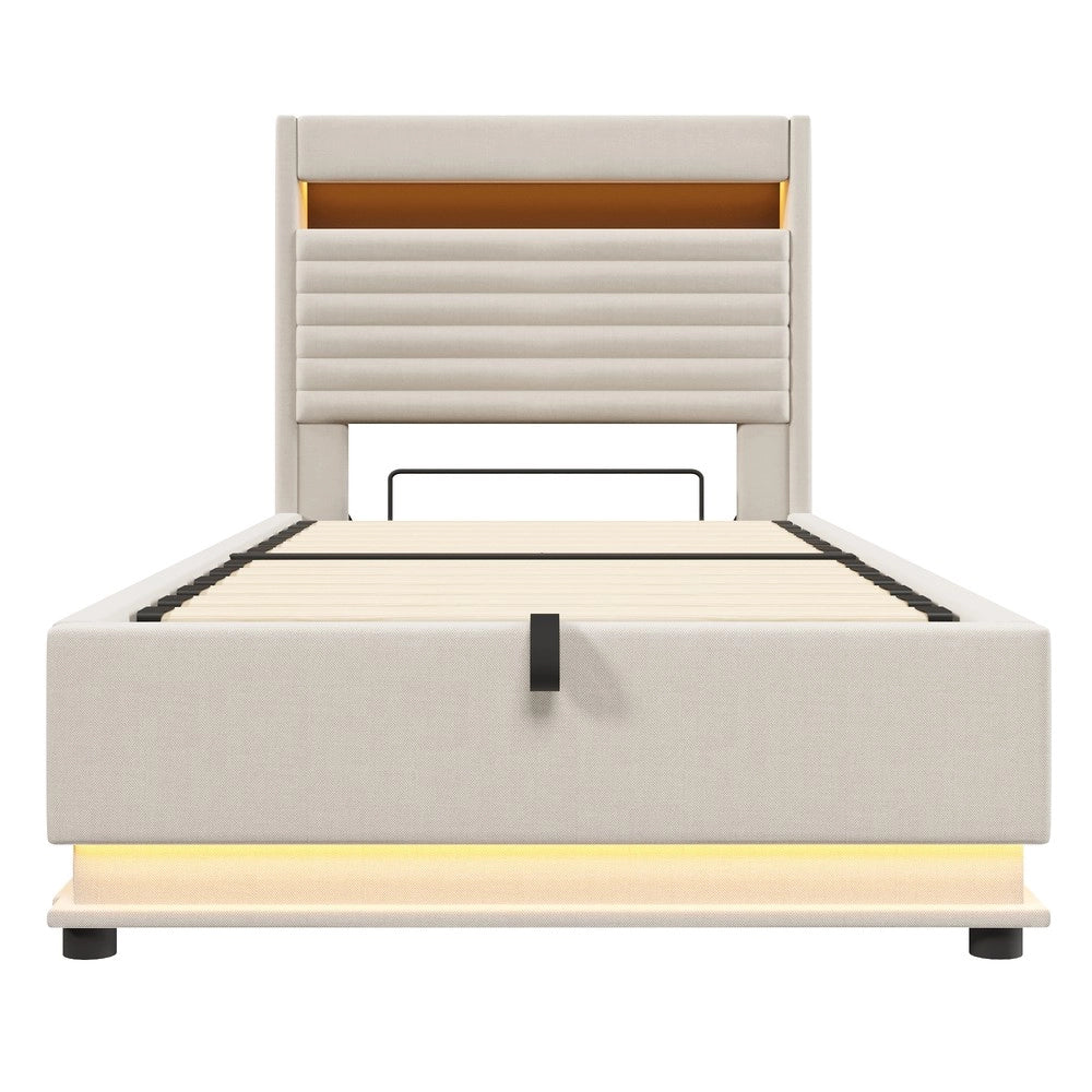 Letto Imbottito con LED e Contenitore Idraulico ¨C MINIMAL ¨C Lino Beige 90x200