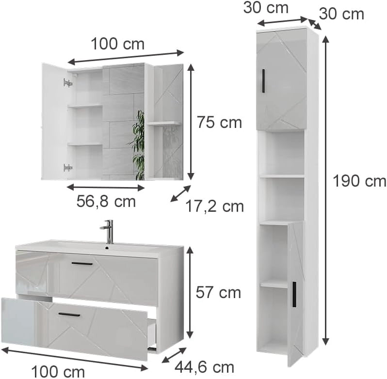 Set di mobili da bagno Irma, Bianco/bianco lucido, 100 cm, composto da mobile sottolavabo con lavabo, armadio alto e specchio da bagno