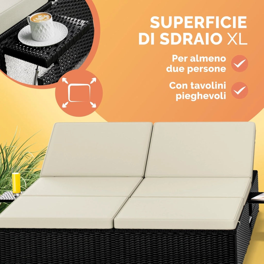 ® Lettino Prendisole 2 Persone in Polyrattan Regolabile in 7 Posizioni con Tavolino Sdraio da Giardino 200x160cm