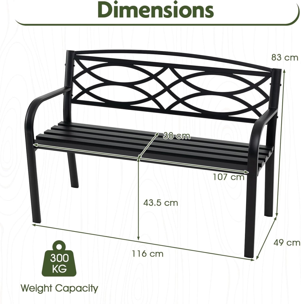 Panca da Esterno in Metallo, Panchina da Giardino 2 Posti con Braccioli, Schienale Ergonomico e Seduta a Doghe, Resistente agli Agenti Atmosferici, Panca da Terrazza, Parco, Cortile, Nero