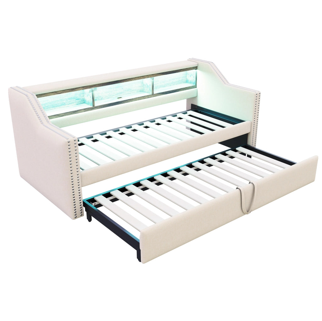 Divano letto imbottito estraibile 90/180 x 190 cm in lino beige con LED; USB e rete a doghe