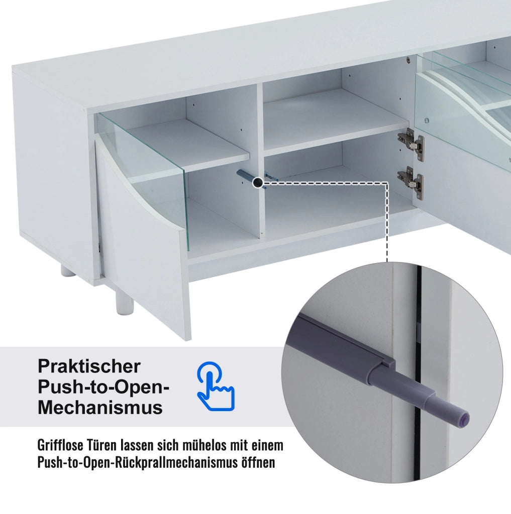 Mobile TV curvo 175x38x51 cm in MDF bianco lucido con LED e vetro temperato