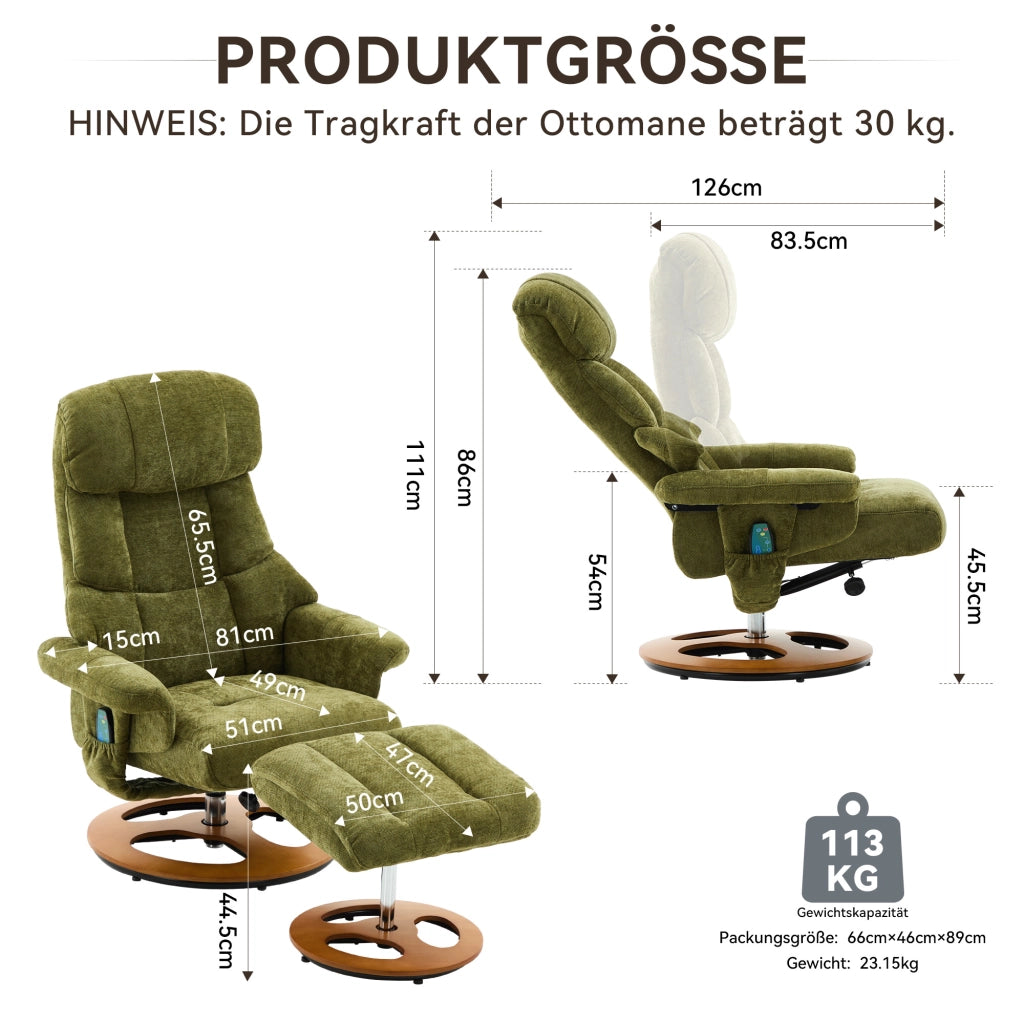 Poltrona Relax Massaggiante Reclinabile con Poggiapiedi ¨C MINIMAL ¨C Verde, Girevole, Tessuto Chenille