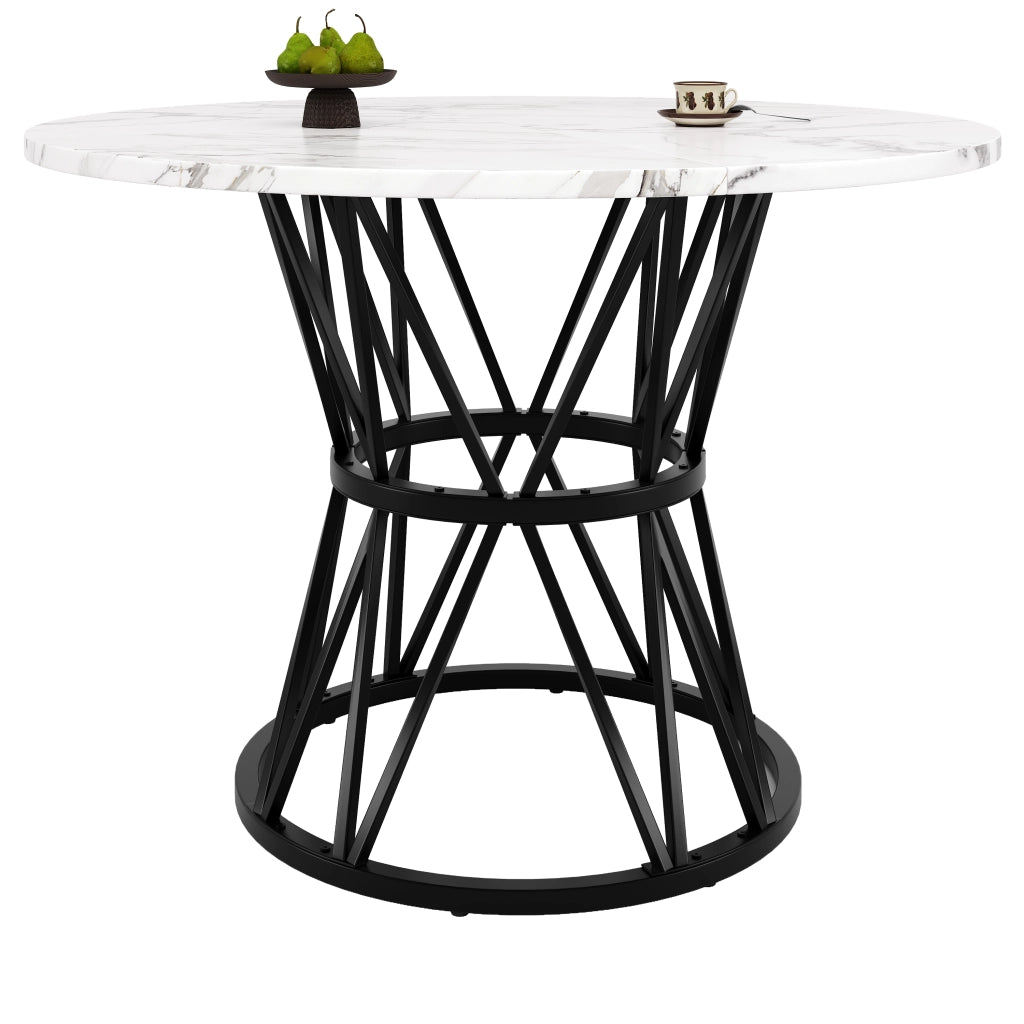 Tavolo da Pranzo Rotondo ¨C MINIMAL ¨C Piano in MDF Effetto Marmo, Gambe in Metallo Nero, 100x100x76cm
