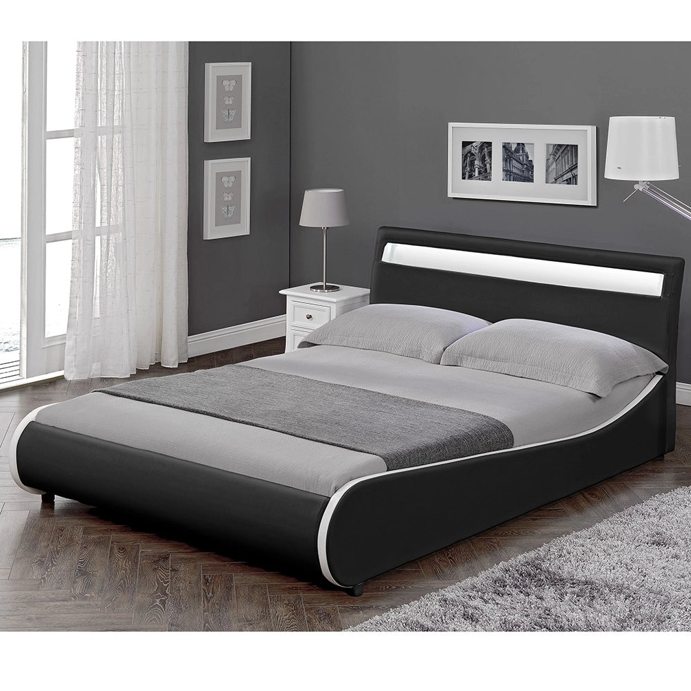 Letto Francese Imbottito Curvo 140x200 cm Testiera Alta con Illuminazione a LED Similpelle Nero Corium