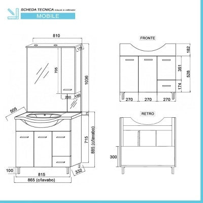 Mobile Bagno da terra 85 cm rovere grigio completo di specchio con pensile e LED