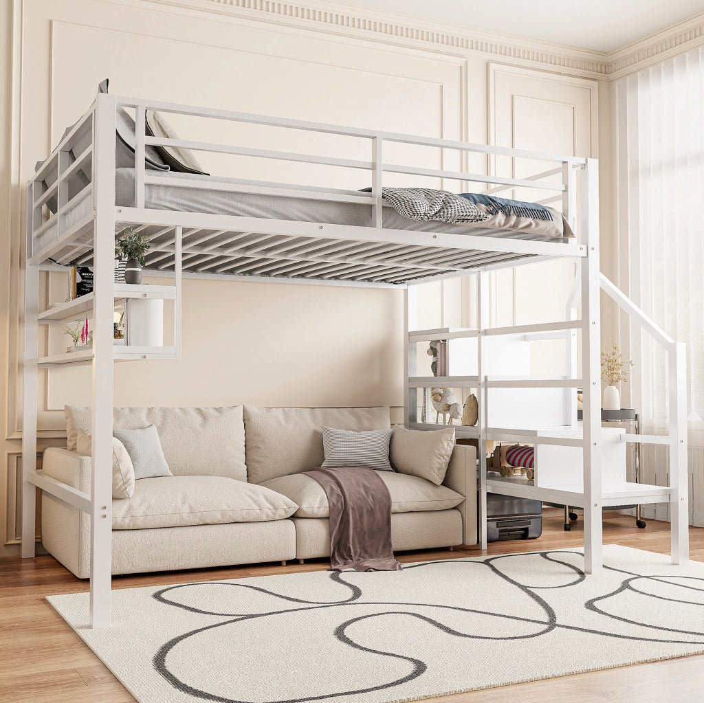 Letto a castello 140x200 cm con scaffali e scala contenitore; metallo; bianco (Senza materasso)