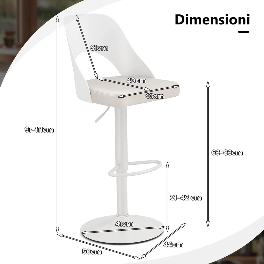 2 Sgabelli Girevoli da Bar Alta 91-111 cm, Set di Sgabelli con Seduta in Ecopelle, Poggiapiedi e Struttura in Metallo, Sedie per Cucina e Bistrò (Bianco)
