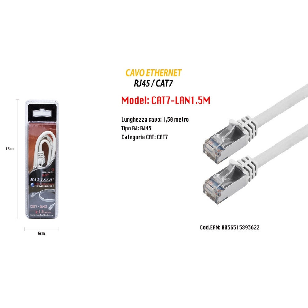 Trade Shop - Cavo Di Rete Ethernet Cat 7 Cavetto Lan Rj45 1.5 Metri Maxtech Cat7-lan1.5m -