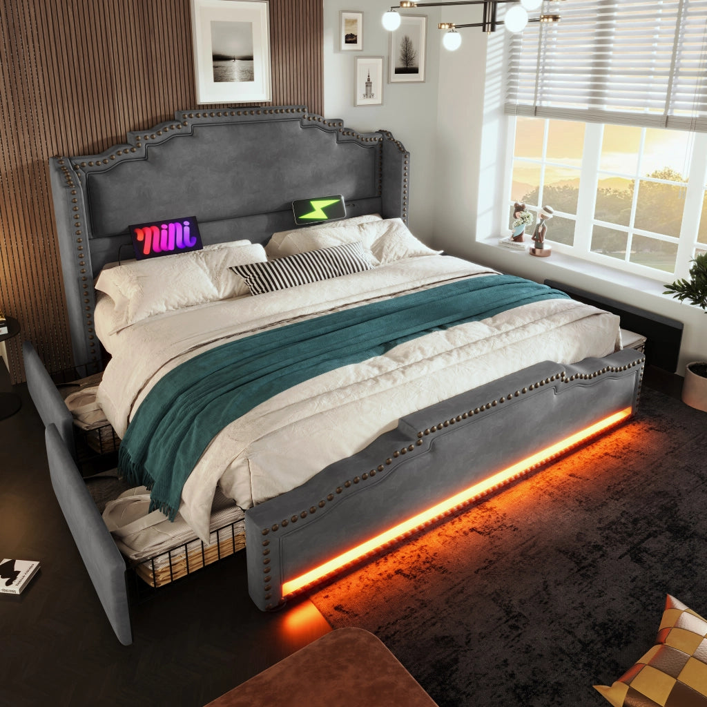Letto Matrimoniale 160x200 cm; Contenitore con 4 Cassetti; LED; USB e Type-C; in Velluto; Grigio