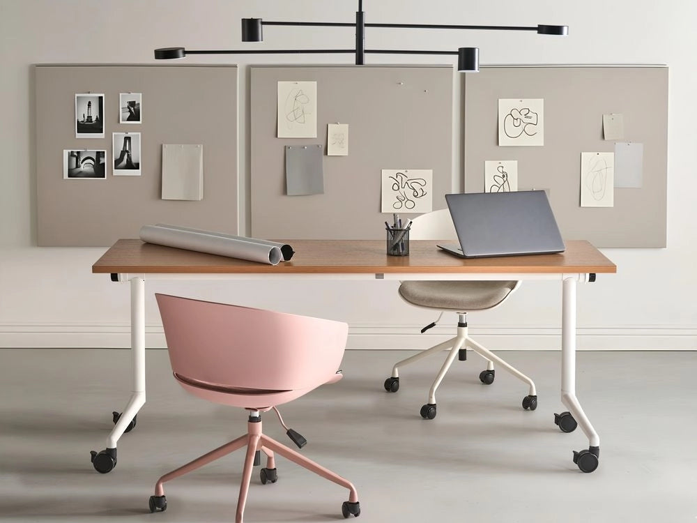 Scrivania rettangolare pieghevole con rotelle portatile con struttura in metallo marrone e bianco 180 x 60 cm stile moderno