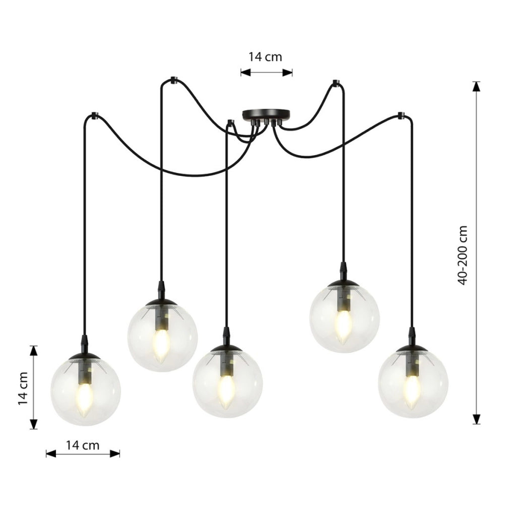 Lampada a sospensione Gigi 5 luci in acciaio nero e vetro trasparente