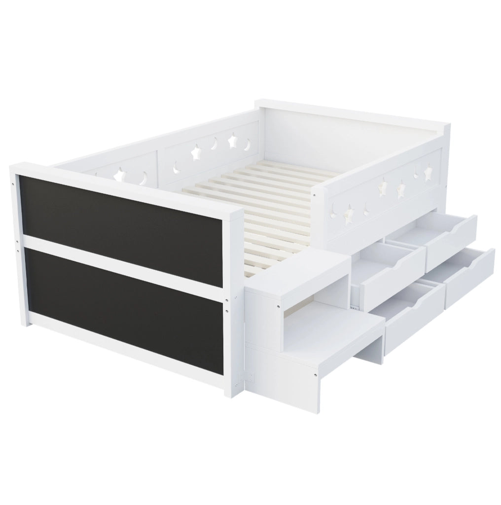Letto singolo per bambini 90x200 cm in legno bianco con sponde traforate; cassetti e LED