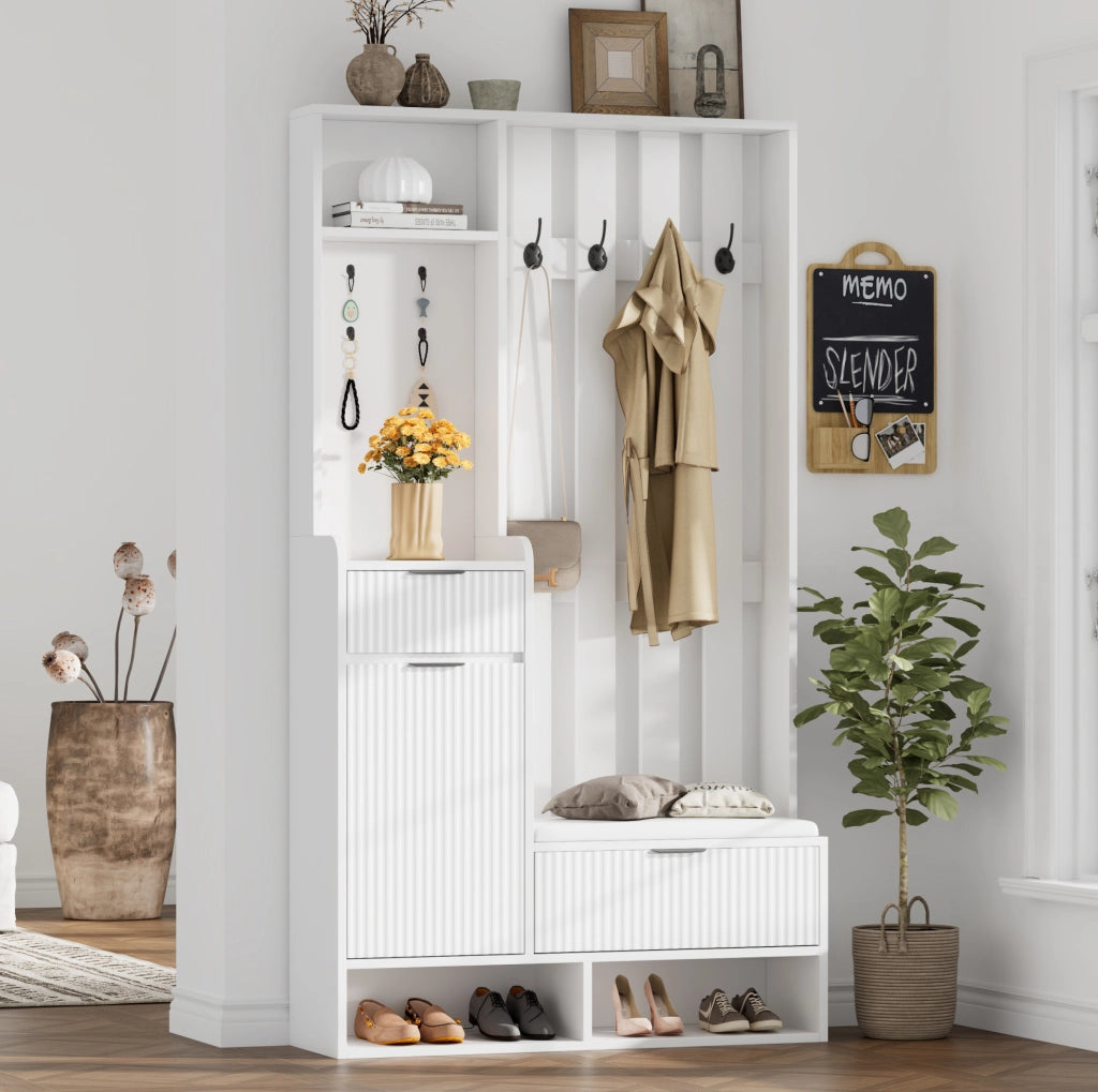 Guardaroba da ingresso 6 in 1 100 x 30 x 180 cm con 8 ganci; cassetti e panca; bianco