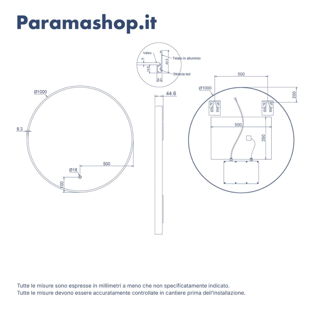 Specchio led 100cm con cornice nero opaco luce calda, neutra, fredda e funzione anti-appannamento | Baten