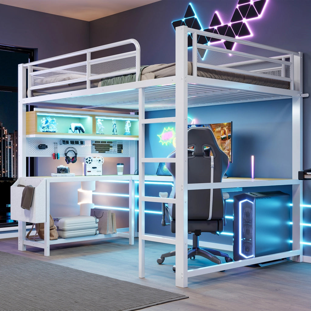 LETTO A soppalco 140x200 cm con scrivania LED USB MDF metallo bianco