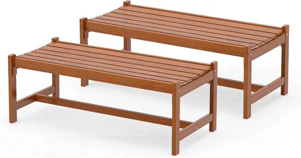 Set di 2 Panchine da Esterno in Legno Massello, Panca a 2 Posti con Sedile Curvo a Doghe, Porta Piante e Panca Ingresso, per Giardino, Terrazza e Cortile, Portata 240 kg, 112 x 51 x 40 cm