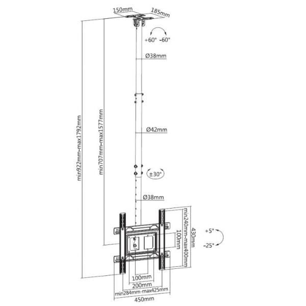 Equip 650321 staffa tv da 32“-70” per montaggio a soffitto