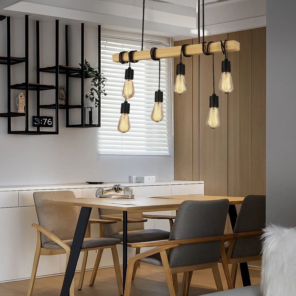 Trade Shop - Lampadario Sospensione Legno Stile Industriale 6 Portalampada E27 Lampada Cucina B47-6 -