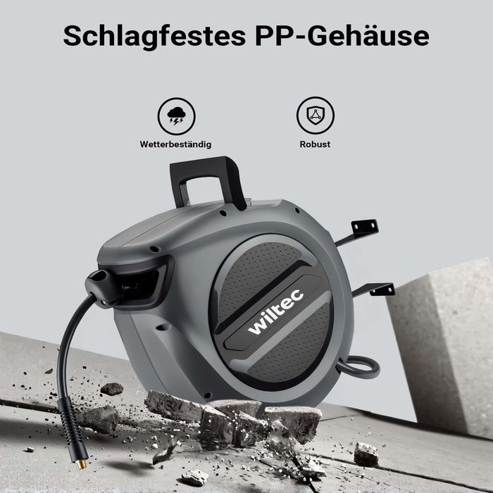 Avvolgitubo automatico per aria compressa 20 m, avvolgitubo in acciaio, 17 bar, con supporto girevole a 180°