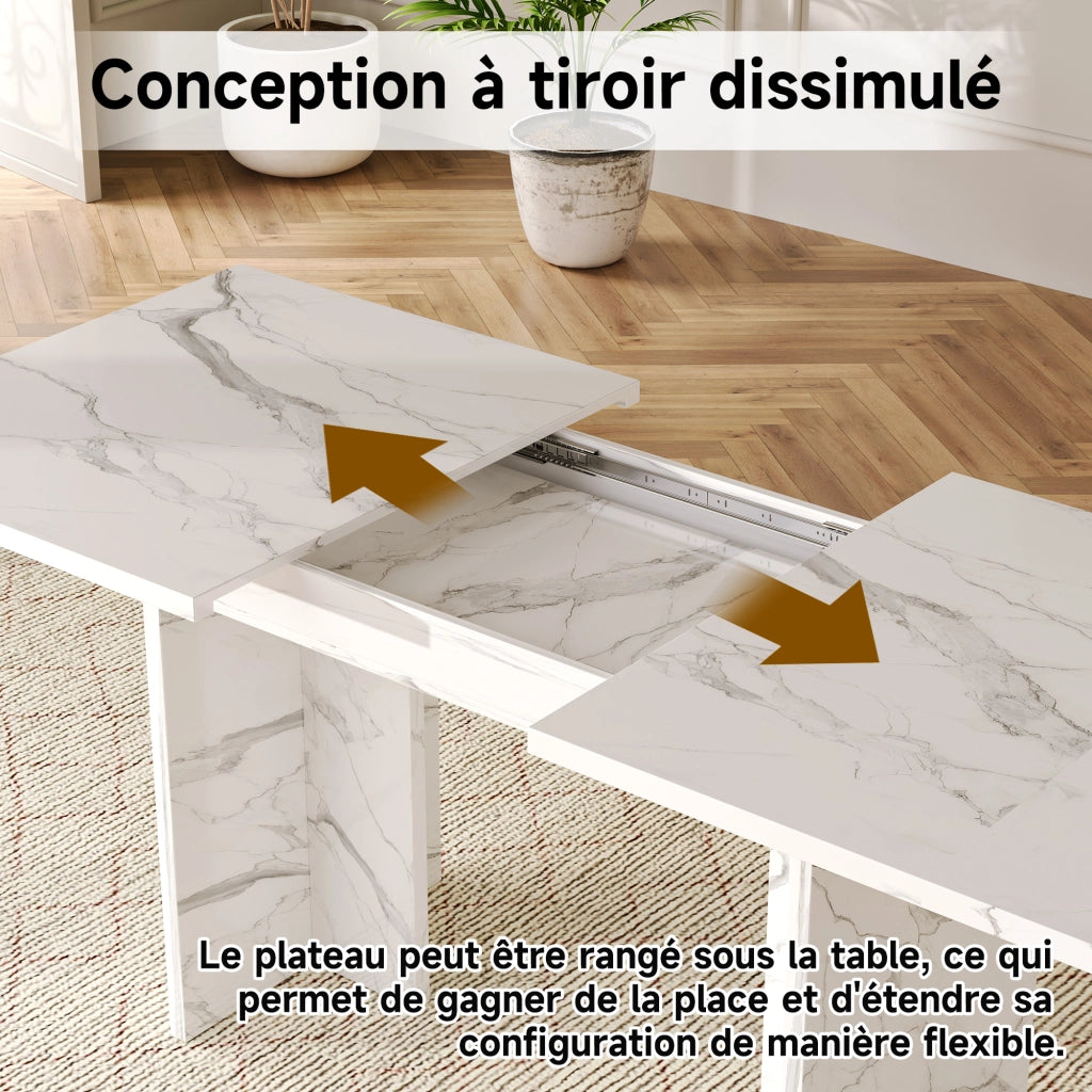 Tavolo da pranzo allungabile per 6-8 persone con piano spesso e gambe a t, per cucina e soggiorno, bianco marmo